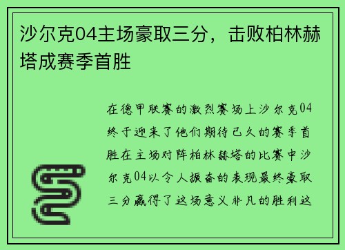 沙尔克04主场豪取三分，击败柏林赫塔成赛季首胜